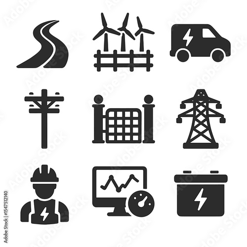 Rural Energy Icon Set. Solid, filled icons set of rural energy infrastructure: dirt road, turbine fence,