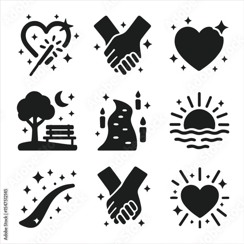Romantic Spark Icons. Solid, filled icons set of romantic spark moments: heart sparkler, couple hands, glowing