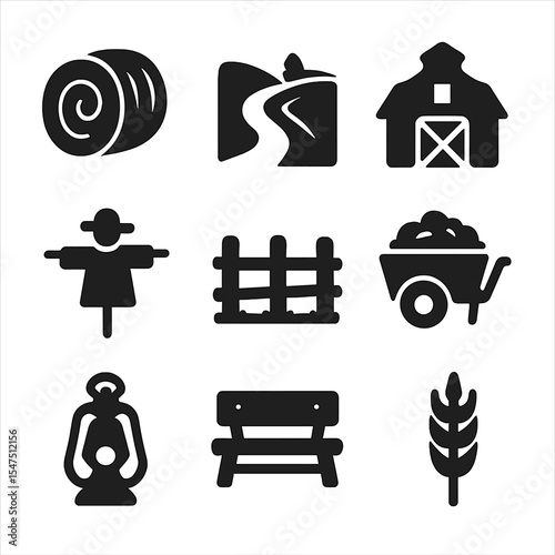 Rustic Autumn Icons. Solid, filled icons set of rustic autumn scenery: hay bale, country road, barn silhouette