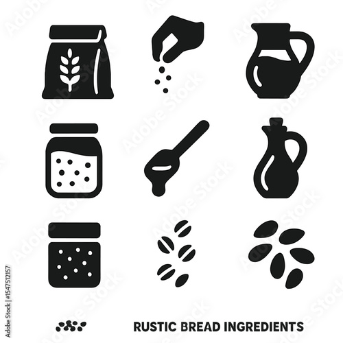 Rustic Bread Ingredients Icons. Solid, filled icons set of rustic bread ingredients: whole wheat flour, salt