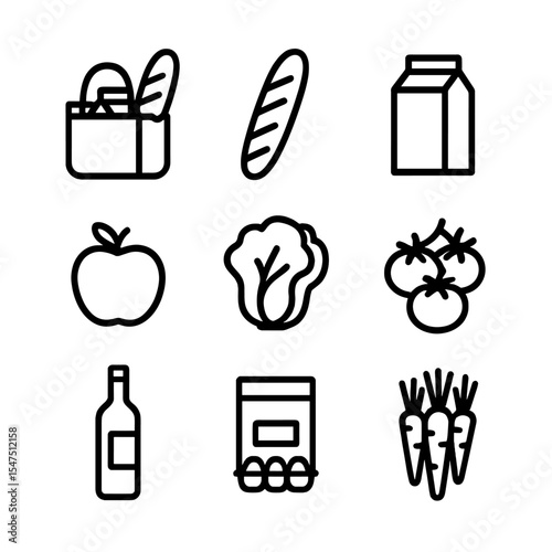 Grocery Icon Grid. Outline icon set of grocery items in bag: baguette loaf, milk carton, apple, lettuce head, tomato cluster, wine
