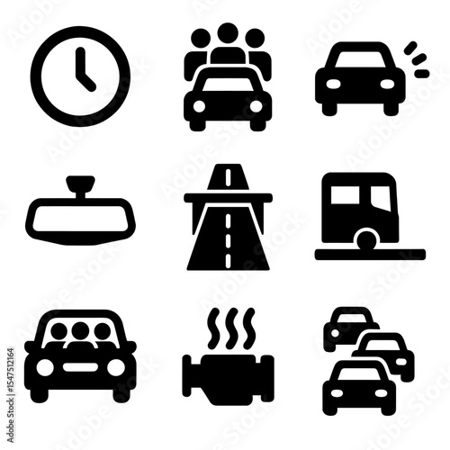 Rush Hour Icons. Solid, filled icons set of rush hour commute: clock icon, crowded street, honking car,