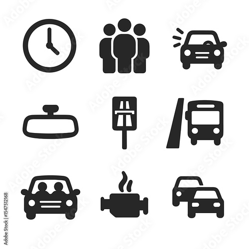 Rush Hour Icons. Solid, filled icons set of rush hour commute: clock icon, crowded street, honking car,