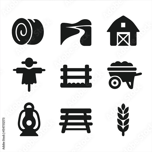 Rustic Autumn Icons. Solid, filled icons set of rustic autumn scenery: hay bale, country road, barn silhouette