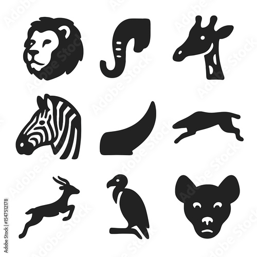 Savanna Wildlife Icons. Solid, filled icons set of African savanna wildlife: lion icon, elephant trunk,