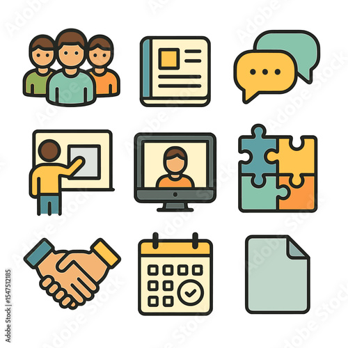 Group Study Icons. Flat icon set of group study and collaboration: group of students, shared notebook, chat bubbles, virtual
