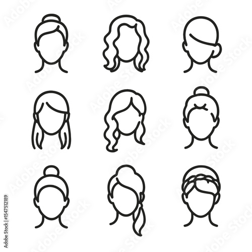 Hairstyle Icon Set. Outline icon set of hairstyle inspirations: sleek updo, vintage waves, low chignon, braided crown, half-up