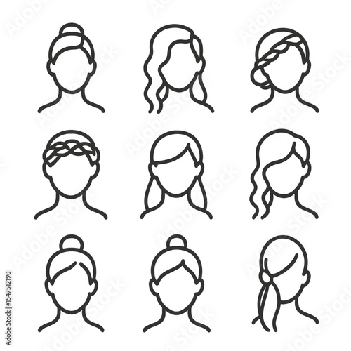 Hairstyle Icon Set. Outline icon set of hairstyle inspirations: sleek updo, vintage waves, low chignon, braided crown, half-up