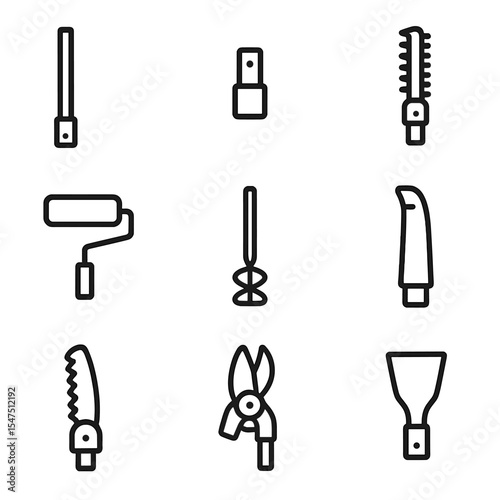 Handle Attachment Icons. Outline icon set of handle attachments: extension pole, tool adapter, hedge trimmer head, paint roller,