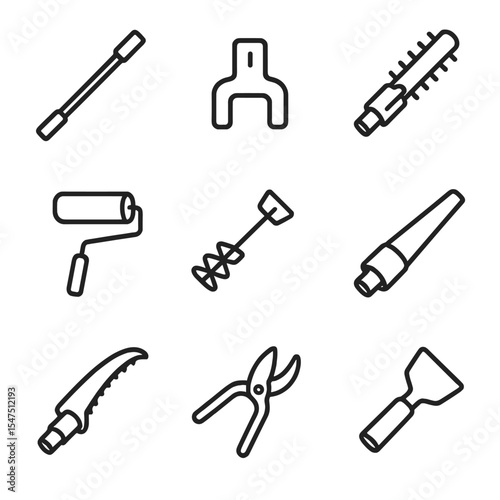Handle Attachment Icons. Outline icon set of handle attachments: extension pole, tool adapter, hedge trimmer head, paint roller,