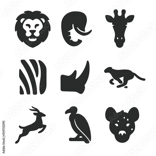 Savanna Wildlife Icons. Solid, filled icons set of African savanna wildlife: lion icon, elephant trunk,