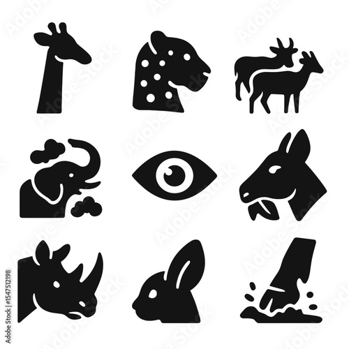 Savannah Survival Icons. Solid, filled icons set of savannah survival strategies: long neck, spotted coat,