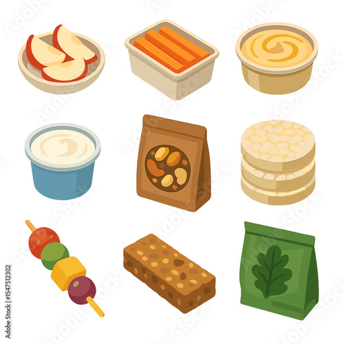 Healthy Snack Icons. Isometric Flat icon set of healthy snacking options: apple slices, carrot sticks, hummus tub, Greek yogurt