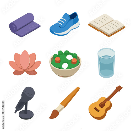 Healthy Habits Icons. Isometric Flat icon set of healthy coping mechanisms: yoga mat, running shoe, open journal, meditation lotus