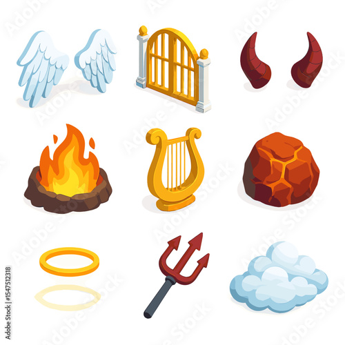Heaven and Hell Icons. Isometric Flat icon set of Heaven and Hell imagery: angel wings, demon horns, pearly gate, fiery pit,
