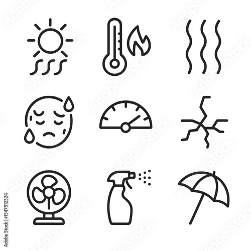 Heatwave Icon Set. Outline icon set of heatwaves and excessive heat: sun with heat waves, blazing thermometer, heat haze, sweating