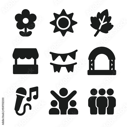 Seasonal Event Icons. Solid, filled icons set of seasonal public events: spring flower, summer sun, autumn