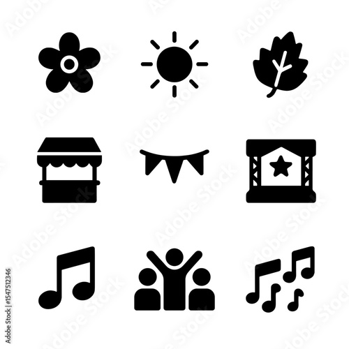 Seasonal Event Icons. Solid, filled icons set of seasonal public events: spring flower, summer sun, autumn