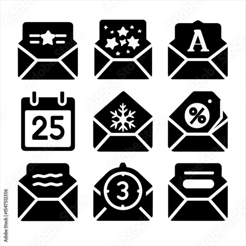 Seasonal Email Icons. Solid, filled icons set of seasonal email campaigns: holiday banner, themed background,