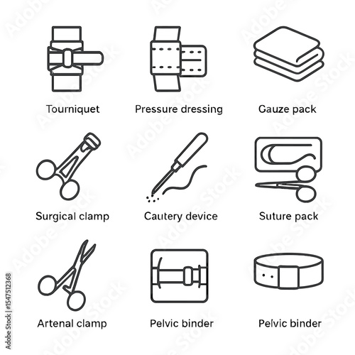Hemorrhage Control Icons. Outline icon set of hemorrhage control techniques: tourniquet, pressure dressing, gauze pack, hemostatic