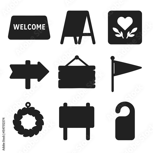 Seasonal Greeting Icons. Solid, filled icons set of seasonal greeting and signage: welcome mat, chalkboard