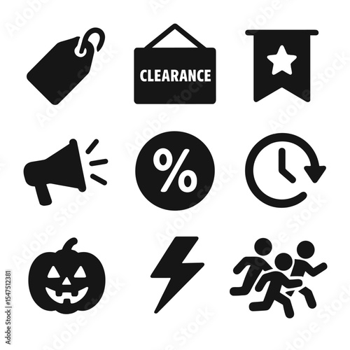 Seasonal Sales Icons. Solid, filled icons set of seasonal promotions and sales: sale tag, clearance sign,