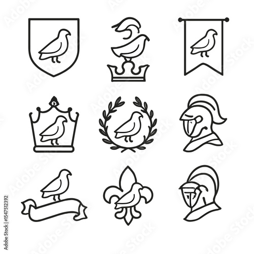Heraldic Dove Icons. Outline icon set of dove in heraldry: shield, crest, banner, crown, laurel wreath, helmet, motto scroll,