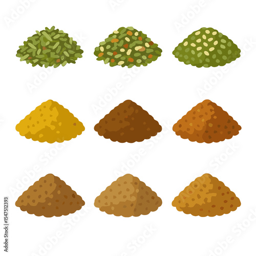Herb Blend Icons. Isometric Flat icon set of dry herb blends: herbes de Provence, Italian seasoning, za’atar mix, curry powder,