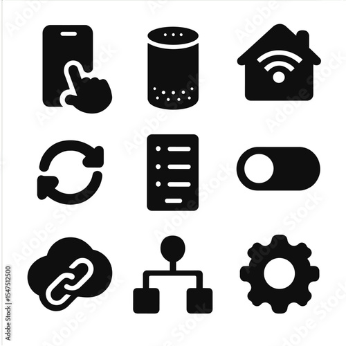 Smart Device Icons. Solid, filled icons set of managing smart devices: smartphone control, smart speaker, home
