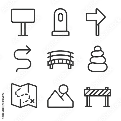 Hiking Trail Icons. Outline icon set of hiking trails and signage: trailhead sign, kilometer marker, direction arrow, switchback