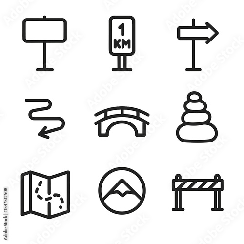Hiking Trail Icons. Outline icon set of hiking trails and signage: trailhead sign, kilometer marker, direction arrow, switchback