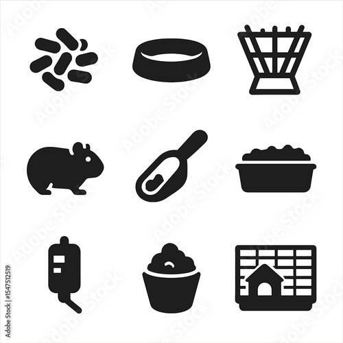 Small Animal Care Icons. Solid, filled icons set of small animal feeding setup: rabbit pellets, feed dish, hay