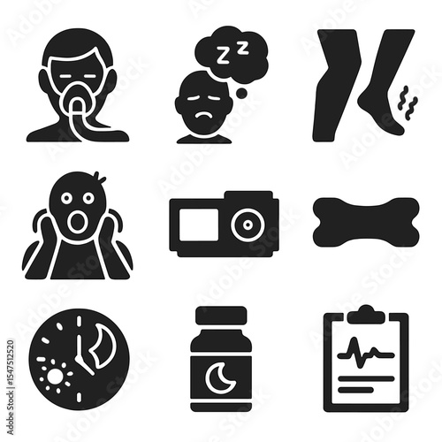 Sleep Health Icons. Solid, filled icons set of sleep-related medical conditions: sleep apnea mask, insomnia