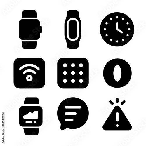 Smart Device Icons. Solid, filled icons set of smart device displays: smartwatch screen, fitness tracker,