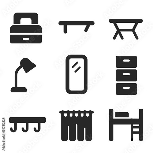 Small Space Solutions Icons. Solid, filled icons set of small space bedroom solutions: under-bed storage, wall