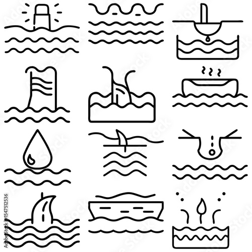 Collection of various water related icons depicting activities and weather elements in simple line art