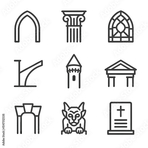 Historic Architecture Icons. Outline icon set of historic building features: gothic arch, corinthian column, stained glass window,