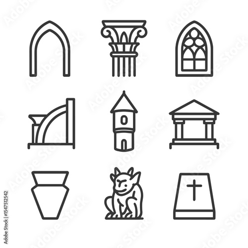 Historic Architecture Icons. Outline icon set of historic building features: gothic arch, corinthian column, stained glass window,