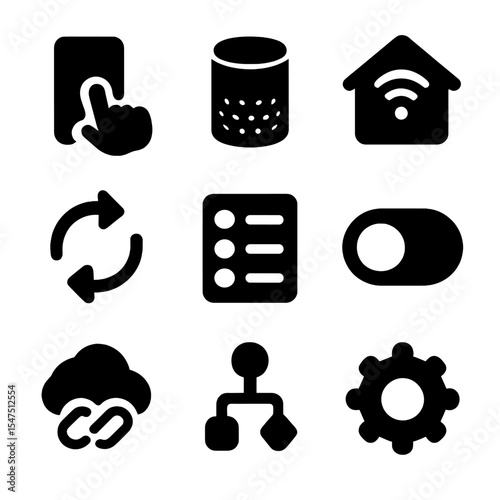 Smart Device Icons. Solid, filled icons set of managing smart devices: smartphone control, smart speaker, home