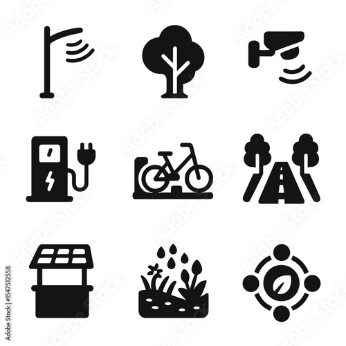 Smart Infrastructure Icons. Solid, filled icons set of smart and green infrastructure: smart pole, urban tree