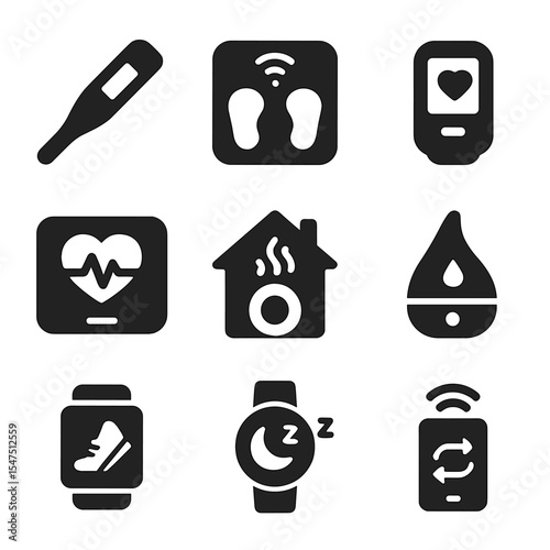 Smart Home Health Icons. Solid, filled icons set of smart home health devices: digital thermometer, smart