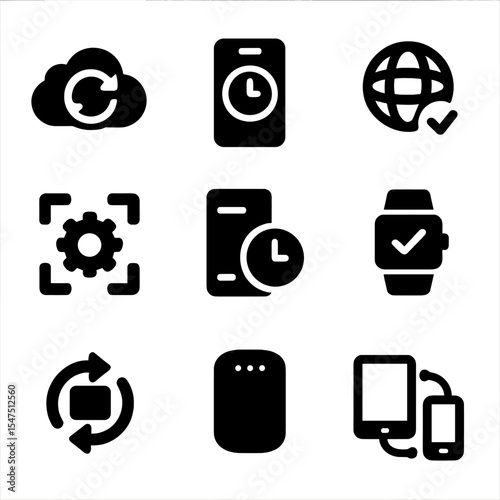 Smart Device Sync Icons. Solid, filled icons set of smart device synchronization: cloud sync icon, mobile