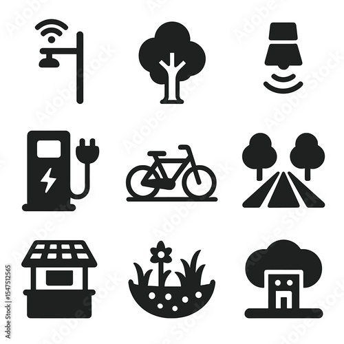 Smart Infrastructure Icons. Solid, filled icons set of smart and green infrastructure: smart pole, urban tree