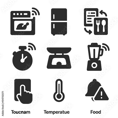 Smart Kitchen Icon Set. Solid, filled icons set of smart kitchen gadgets: connected oven, fridge icon, recipe