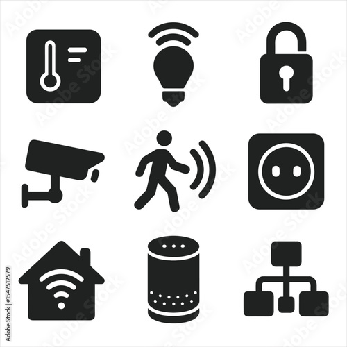 Smart Home Icons. Solid, filled icons set of smart home systems: thermostat icon, smart bulb, door lock,