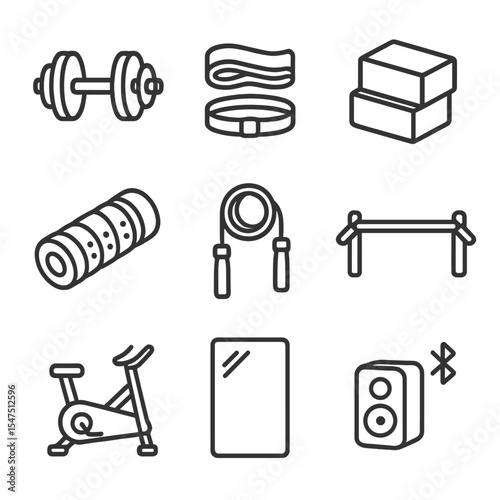 Home Workout Icons. Outline icon set of home workout spaces: adjustable dumbbells, resistance bands, yoga blocks, foam roller,
