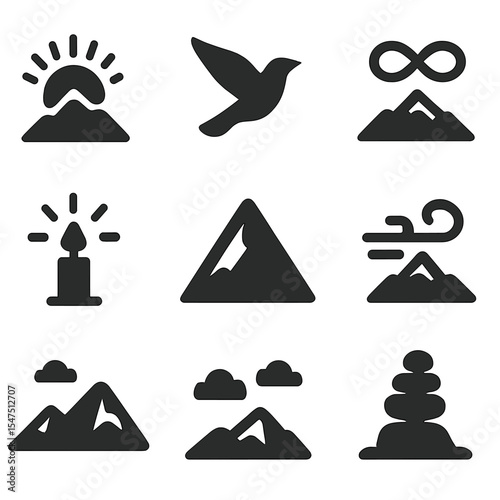 Spiritual Mountain Symbol Icons. Solid, filled icons set of spiritual mountain symbolism: rising sun, lone