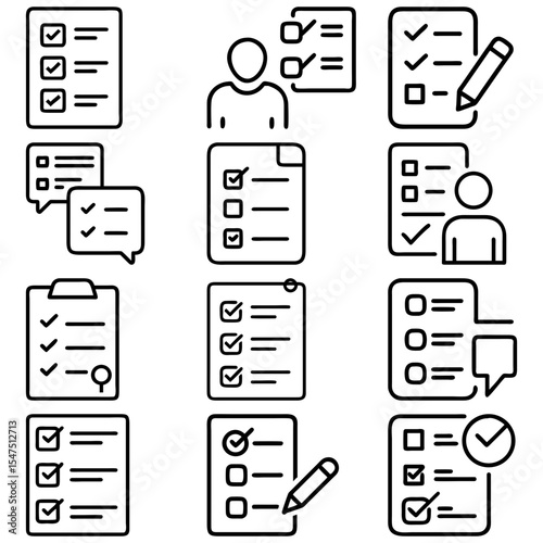 Collection of checklist icons with check marks and lines representing tasks and completion status shown