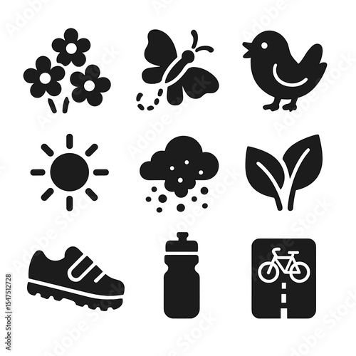 Spring Cycling Icons. Solid, filled icons set of springtime cycling: blooming flowers, butterfly trail,