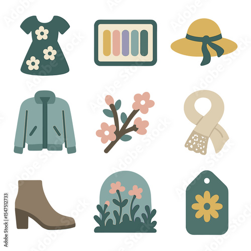 Spring Fashion Icons. Solid, filled icons set of spring fashion displays: floral dress, pastel palette, sun